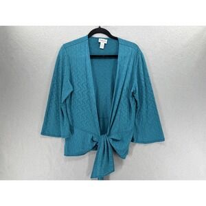 Vtg Chico's Travelers Size 2‎ L/12 Cardigan Top Teal Tie Waist Open Knit Slinky